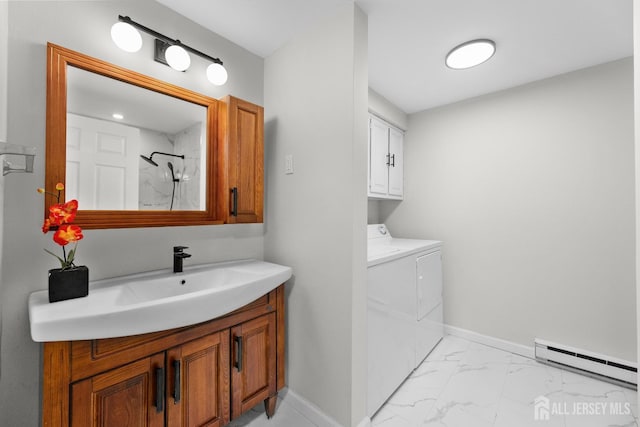 381-C Old Nassau Rd, Monroe, NJ 08831 - bathroom featuring baseboard heating, washer and clothes dryer, marble finish floors, vanity, and a shower