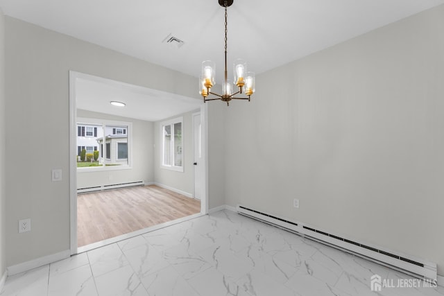381-C Old Nassau Rd, Monroe, NJ 08831 - empty room featuring a baseboard radiator, light marble finish flooring, and a chandelier