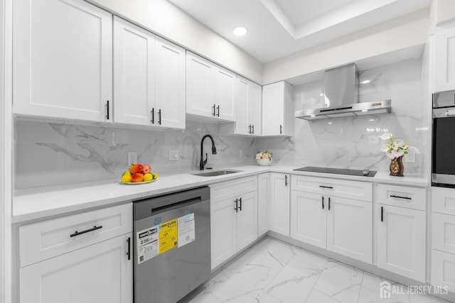 381-C Old Nassau Rd, Monroe, NJ 08831 - kitchen with stainless steel dishwasher, wall chimney range hood, white cabinets, light marble finish flooring, and recessed lighting