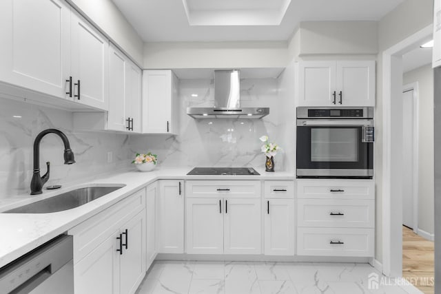 381-C Old Nassau Rd, Monroe, NJ 08831 - kitchen with stainless steel oven, wall chimney range hood, dishwasher, and white cabinetry