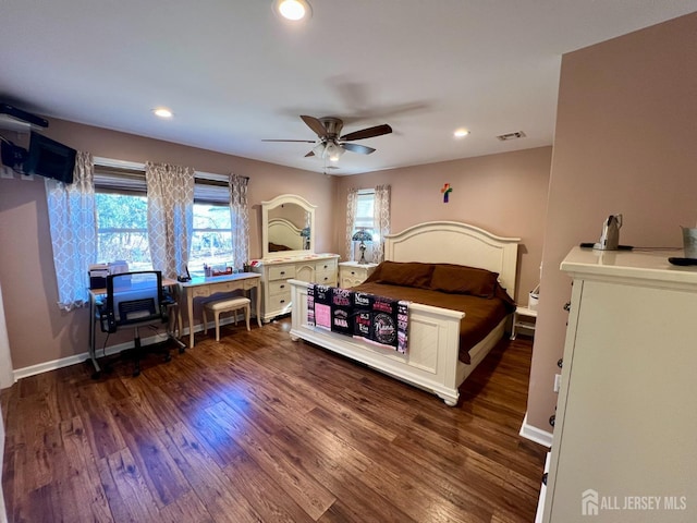 bedroom featuring dark wood-style flooring, recessed lighting, baseboards, and ceiling fan