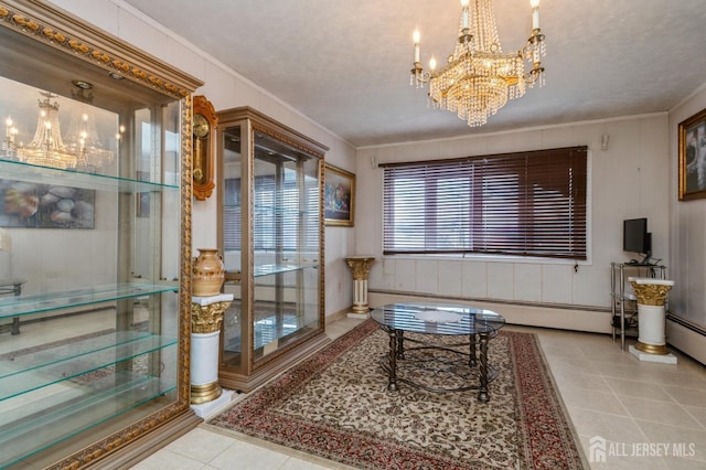 tiled living room featuring a chandelier, a textured ceiling, and crown molding