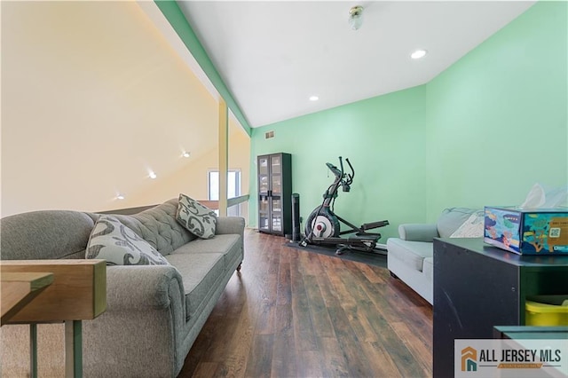 living room featuring dark wood-type flooring