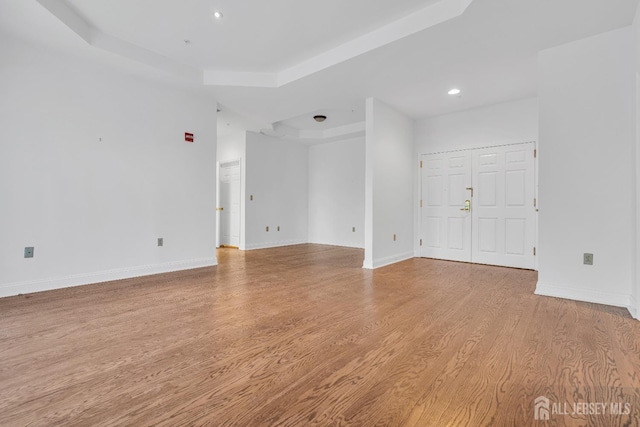 spare room featuring a tray ceiling and light hardwood / wood-style flooring