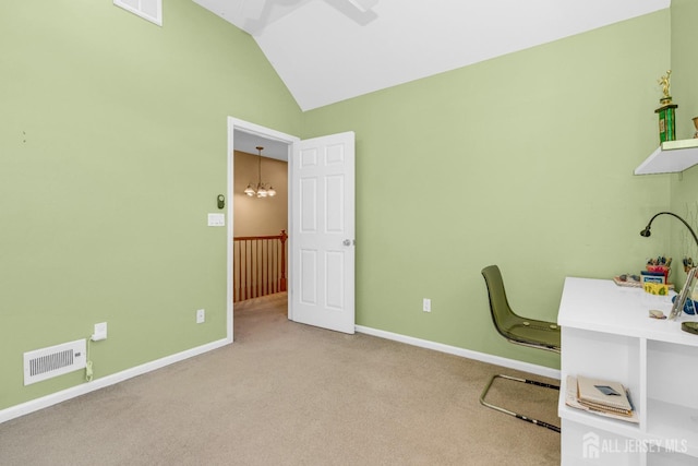 carpeted office with baseboards, visible vents, vaulted ceiling, and ceiling fan with notable chandelier