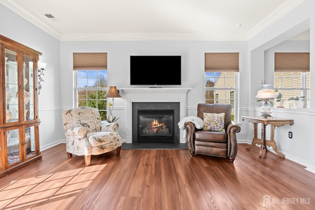 31 Mcgowan Ct, Old Bridge, NJ 08857 - living area featuring wood finished floors, a glass covered fireplace, and crown molding