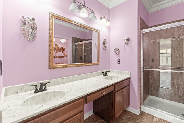 31 Mcgowan Ct, Old Bridge, NJ 08857 - bathroom with a shower stall, double vanity, and ornamental molding