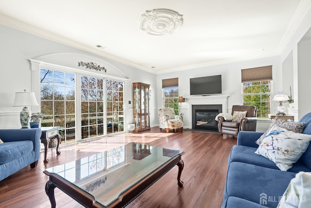 31 Mcgowan Ct, Old Bridge, NJ 08857 - living area featuring ornamental molding, a glass covered fireplace, and wood finished floors