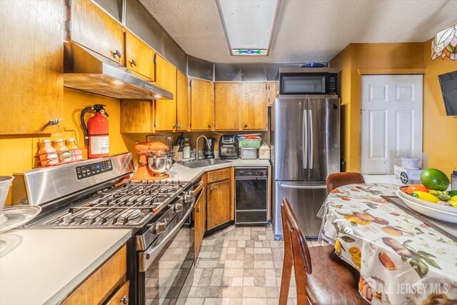 19 Pembrook Ave, North Brunswick, NJ 08902 - kitchen featuring appliances with stainless steel finishes, a sink, under cabinet range hood, light countertops, and a textured ceiling