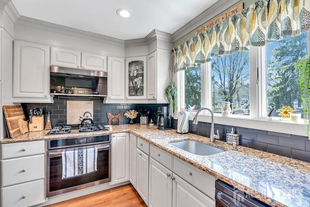 kitchen featuring a sink, appliances with stainless steel finishes, white cabinets, and light stone countertops
