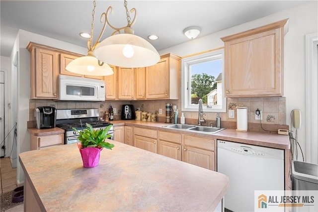 254 Wyoming Ave, Spotswood, NJ 08884 - kitchen featuring white appliances, light brown cabinetry, decorative backsplash, and recessed lighting