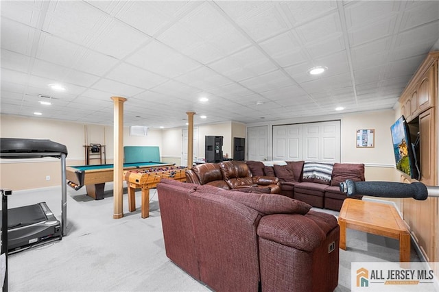 254 Wyoming Ave, Spotswood, NJ 08884 - living room featuring light carpet, billiards table, and recessed lighting