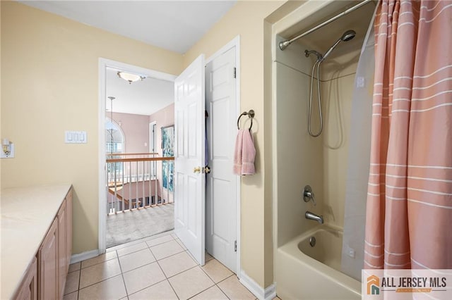 254 Wyoming Ave, Spotswood, NJ 08884 - bathroom with shower / bathtub combination with curtain, vanity, and tile patterned floors