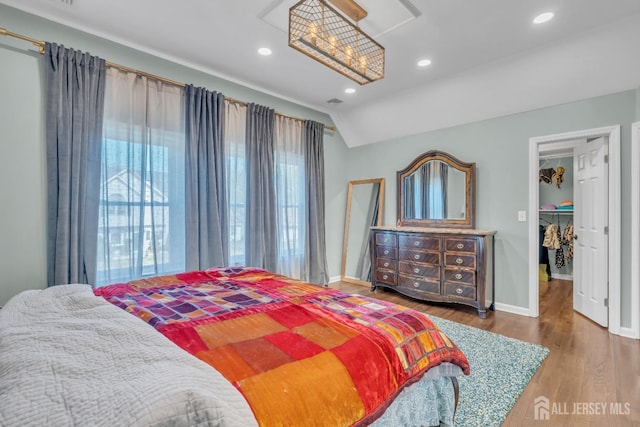 bedroom with multiple windows, a spacious closet, wood finished floors, baseboards, and recessed lighting