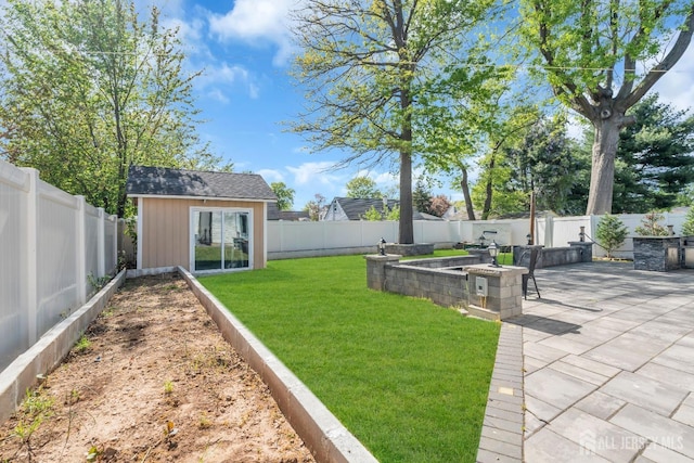 view of yard with a patio and an outbuilding