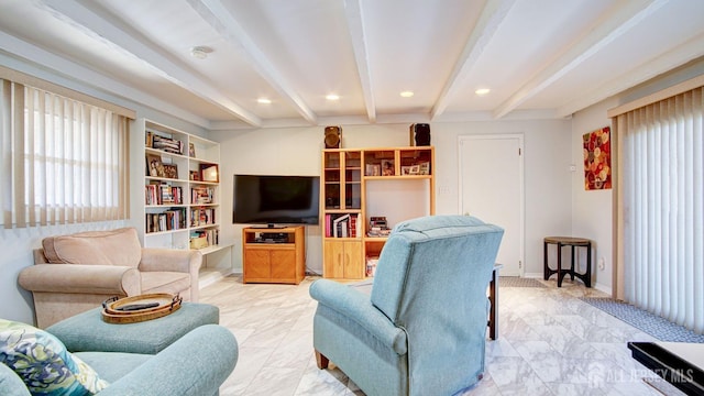 living room featuring built in features and beamed ceiling