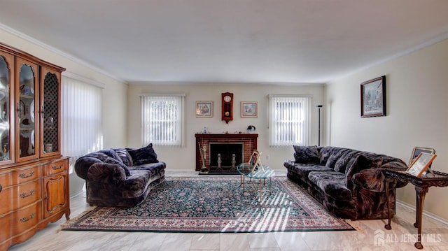 living room with a brick fireplace and ornamental molding