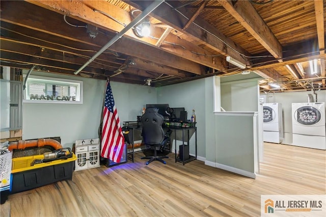 36 George Ave, Old Bridge, NJ 08857 - basement featuring washing machine and clothes dryer, wood finished floors, a desk, and baseboards