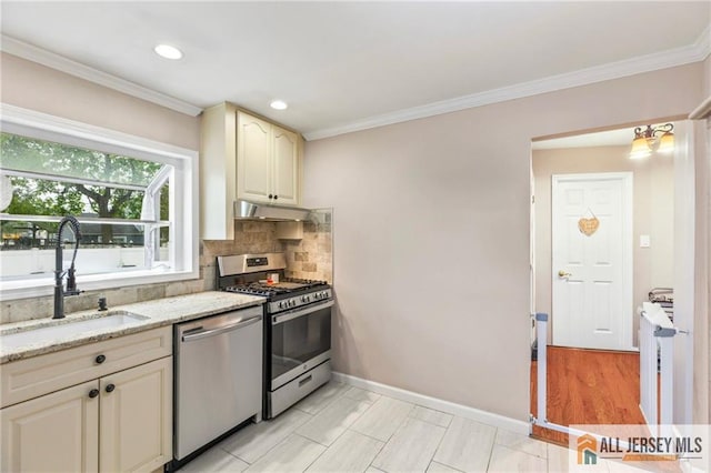 36 George Ave, Old Bridge, NJ 08857 - kitchen with appliances with stainless steel finishes, a sink, backsplash, under cabinet range hood, and crown molding