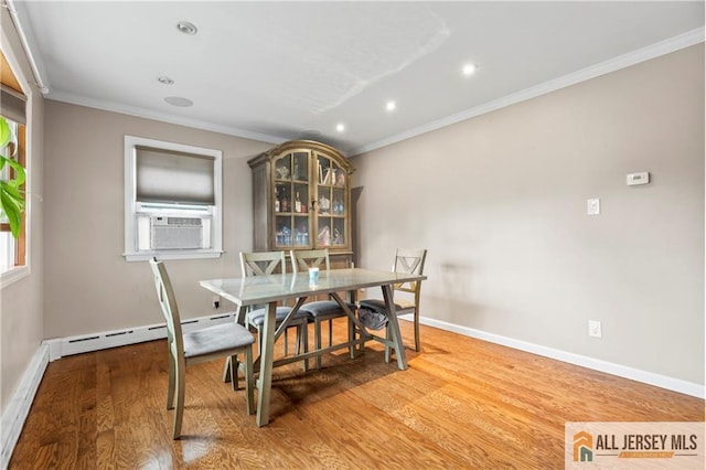 36 George Ave, Old Bridge, NJ 08857 - dining space with crown molding, recessed lighting, wood finished floors, baseboards, and cooling unit