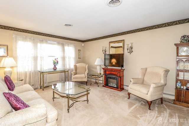 104 Elizabeth Ave, Iselin, NJ 08830 - living area featuring carpet flooring, a fireplace, a baseboard heating unit, a baseboard radiator, and crown molding