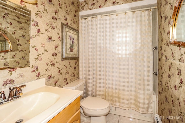 104 Elizabeth Ave, Iselin, NJ 08830 - bathroom with wallpapered walls, vanity, tile patterned floors, and shower / tub combo with curtain