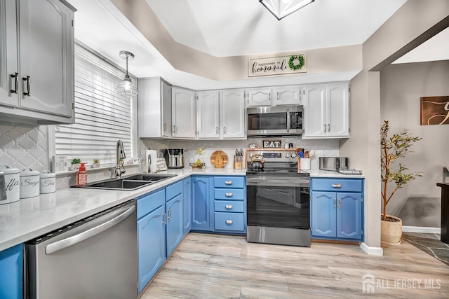 122 Concordia Cir Unit B, Monroe, NJ 08831 - kitchen featuring appliances with stainless steel finishes, a sink, blue cabinets, tasteful backsplash, and light countertops