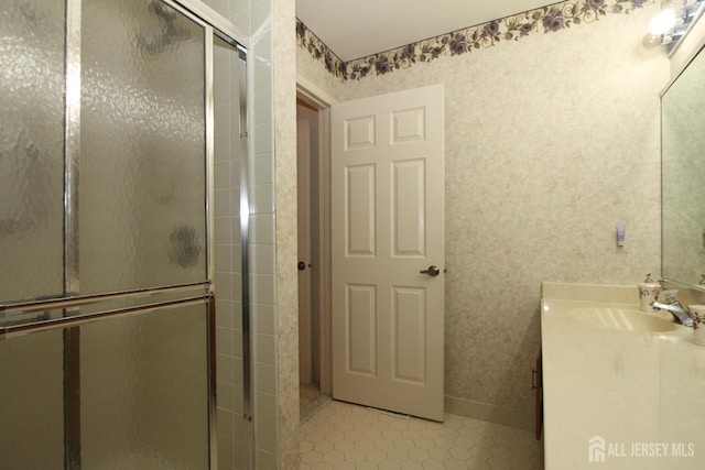 59-A Yorkshire Dr, Monroe, NJ 08831 - bathroom with vanity, a shower stall, tile patterned flooring, and wallpapered walls