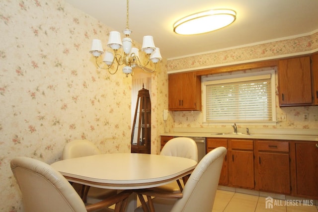 59-A Yorkshire Dr, Monroe, NJ 08831 - dining area featuring wallpapered walls, a chandelier, and light tile patterned flooring