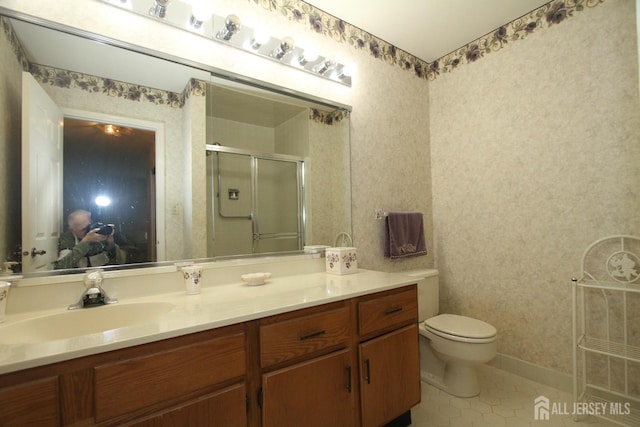 59-A Yorkshire Dr, Monroe, NJ 08831 - full bath with a stall shower, vanity, tile patterned floors, and wallpapered walls
