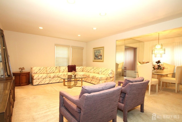 59-A Yorkshire Dr, Monroe, NJ 08831 - living room featuring light carpet, recessed lighting, and a chandelier