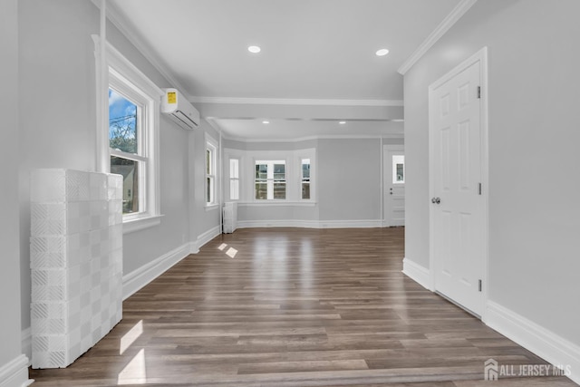 97 Battle Hill Ave, Springfield, NJ 07081 - unfurnished living room featuring a wall mounted air conditioner, wood finished floors, recessed lighting, and crown molding