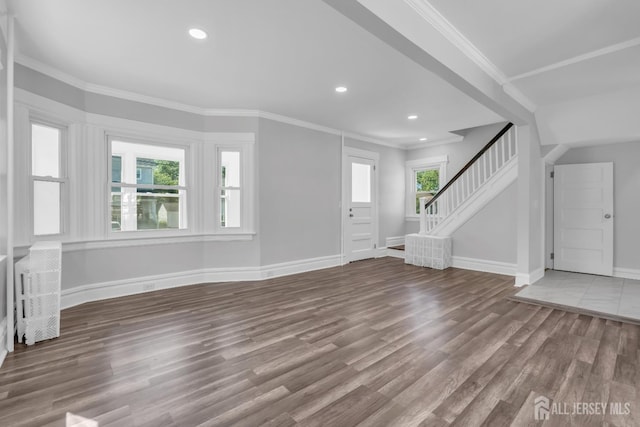 97 Battle Hill Ave, Springfield, NJ 07081 - foyer featuring wood finished floors, stairway, ornamental molding, and recessed lighting