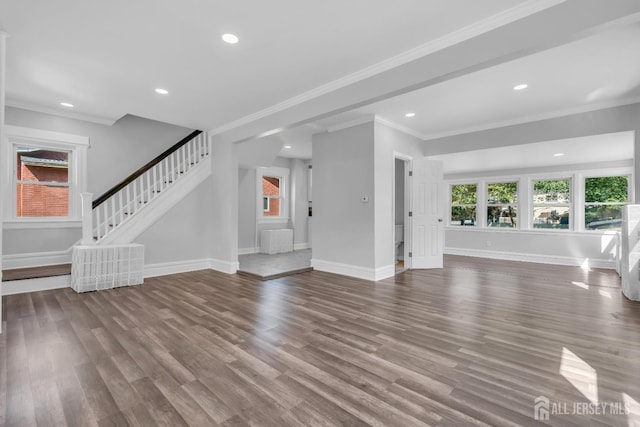 97 Battle Hill Ave, Springfield, NJ 07081 - unfurnished living room with stairway, wood finished floors, recessed lighting, and crown molding