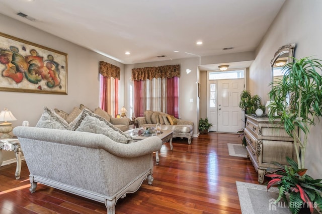 living room with dark wood-type flooring