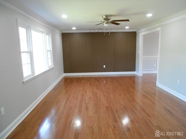 4 Harvey Rd, South Brunswick, NJ 08852 - unfurnished room with ornamental molding, ceiling fan, light wood-type flooring, baseboards, and recessed lighting