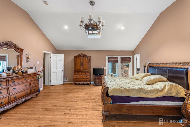 34 Brookside Ave, Old Bridge, NJ 08857 - bedroom with a chandelier, high vaulted ceiling, light wood-style flooring, baseboards, and access to exterior