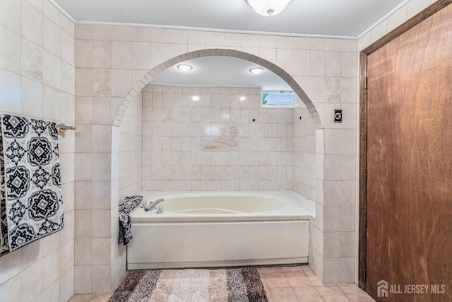 34 Brookside Ave, Old Bridge, NJ 08857 - bathroom featuring a garden tub, tile walls, and tile patterned flooring