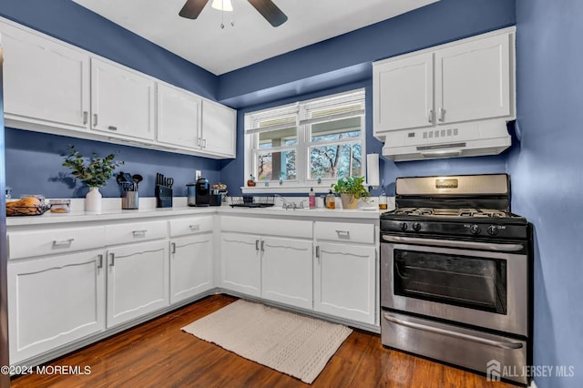32 Woodedge Ave Unit 5, Edison, NJ 08817 - kitchen featuring gas range, exhaust hood, a ceiling fan, white cabinets, and light countertops