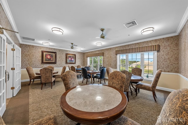 100 Middlesex Blvd Unit 321, Plainsboro, NJ 08536 - dining area featuring wallpapered walls, ceiling fan, carpet, crown molding, and french doors