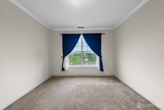unfurnished room with carpet floors, baseboards, and ornamental molding