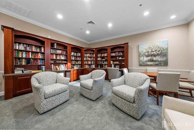 living area featuring crown molding, carpet floors, wall of books, and recessed lighting