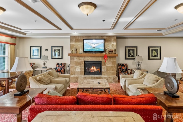 100 Middlesex Blvd Unit 321, Plainsboro, NJ 08536 - living area with a fireplace, a raised ceiling, and crown molding