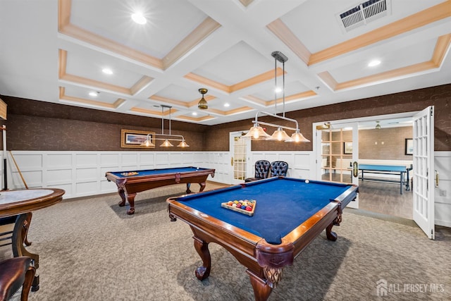 game room featuring pool table, coffered ceiling, carpet floors, recessed lighting, and beam ceiling