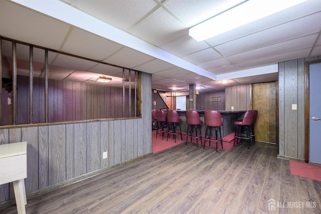 bar featuring a drop ceiling, dark wood-type flooring, and wooden walls