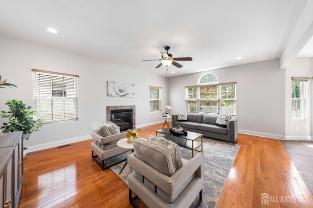 841 Harrell Ave, Woodbridge Proper, NJ 07095 - living room featuring ceiling fan, wood finished floors, a tile fireplace, and recessed lighting