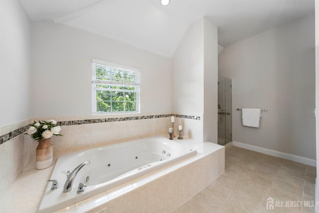 841 Harrell Ave, Woodbridge Proper, NJ 07095 - full bathroom with a whirlpool tub, a stall shower, lofted ceiling, and tile patterned flooring