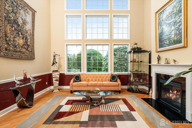 9 Bouvier Ln, South Brunswick, NJ 08816 - living area featuring wood finished floors, a fireplace with flush hearth, and a towering ceiling