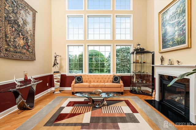 9 Bouvier Ln, South Brunswick, NJ 08816 - living room featuring wood finished floors, a fireplace with flush hearth, a high ceiling, and baseboards