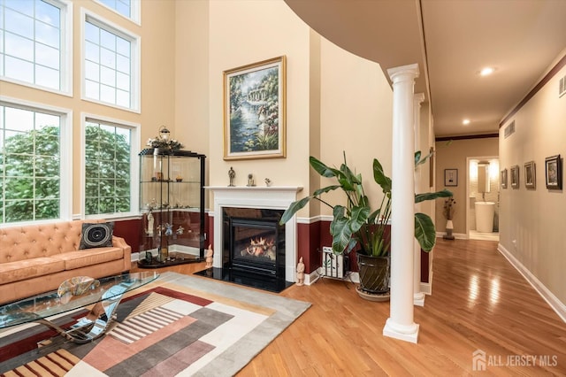 9 Bouvier Ln, South Brunswick, NJ 08816 - living area featuring decorative columns, wood finished floors, a fireplace with flush hearth, and plenty of natural light